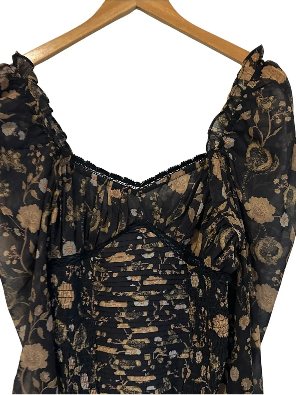 Free People Womens Brunch Date Floral Bodysuit Sz XS Long Sleeve Black